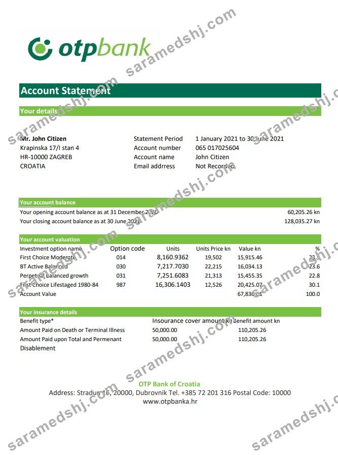 Croatia OTP Bank statement easy to fill template in Excel and PDF format